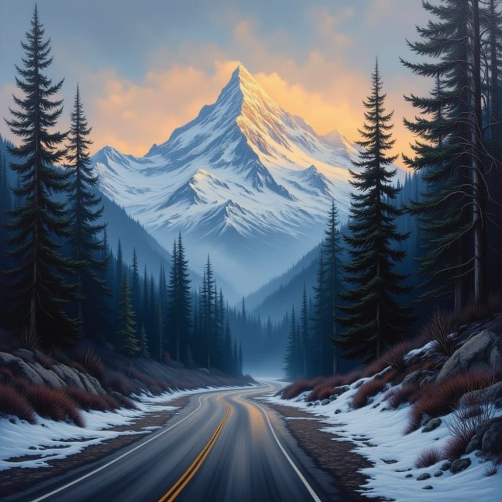 Majestic Snowy Mountain at Sunset in Oil Painting Style