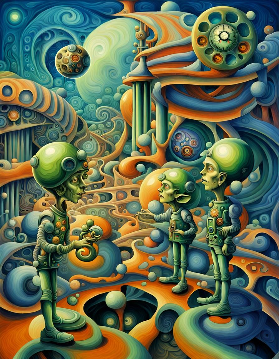 Two green mechanic elves with psilocybe clock heads, Mescali...