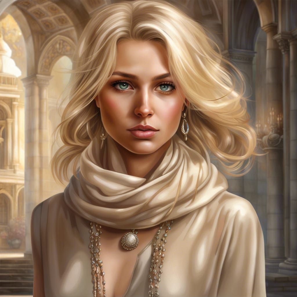 Beautiful Blonde Girl in Beige Dress, Hyperrealistic Art