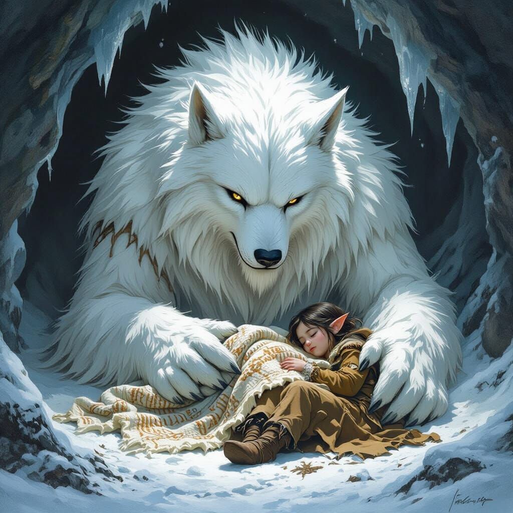 Gentle Fenrir Protects Sleeping Elf in Icy Cave