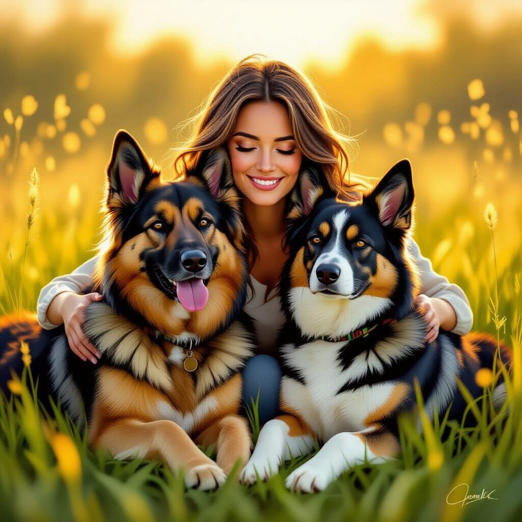 Woman with German Shepherd and Belgian Malinois in Meadow