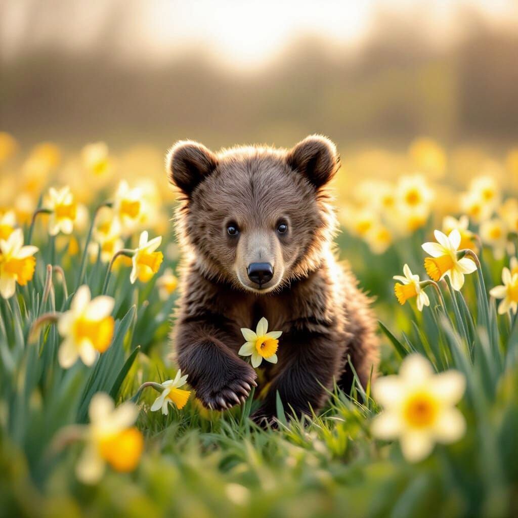 Bear Cub in Daffodil Field, Whimsical Art