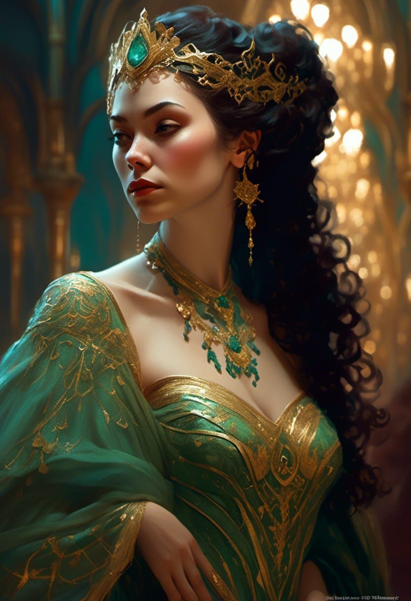Female Comic Character in Green Gown Art