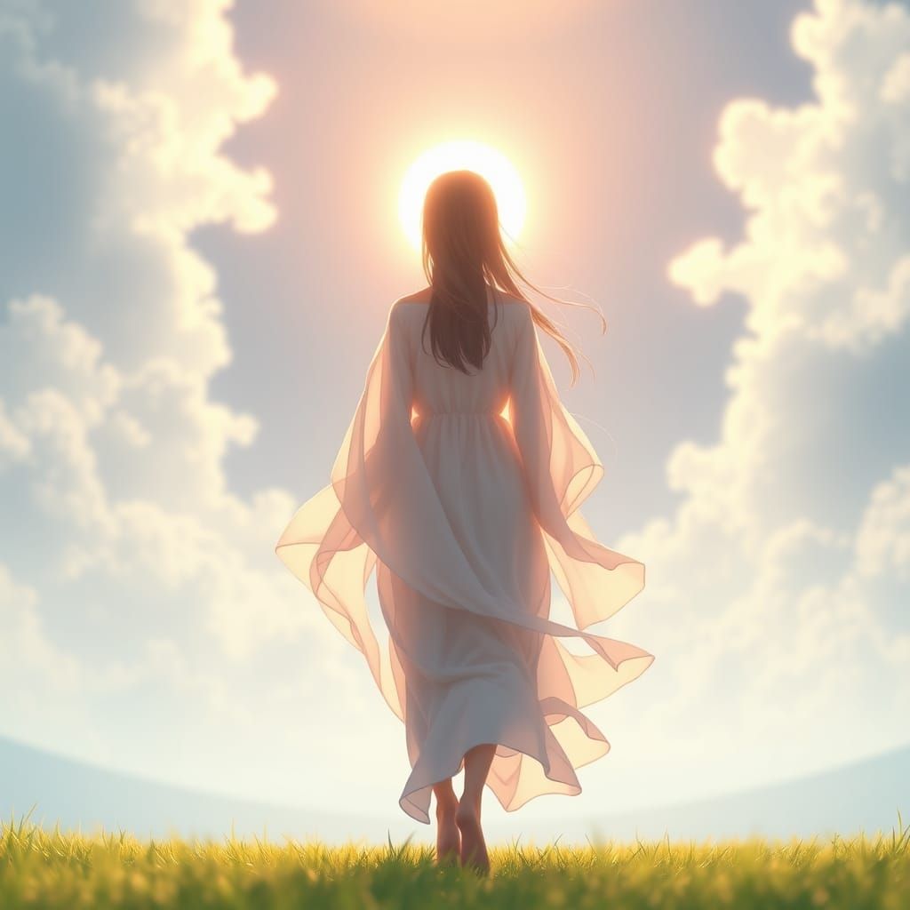 Radiant Figure in Luminous Anime Landscape