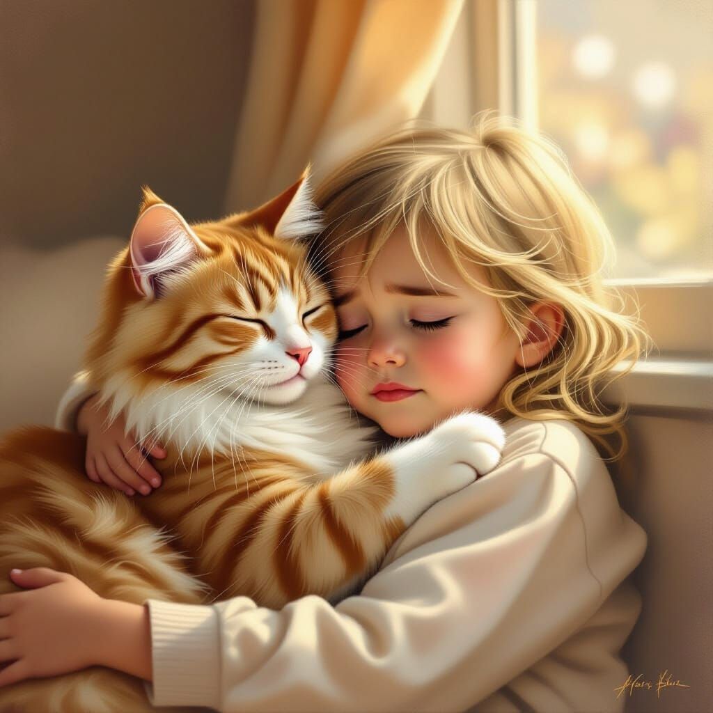 Cat Comforts Crying Child in Warm Painterly Style