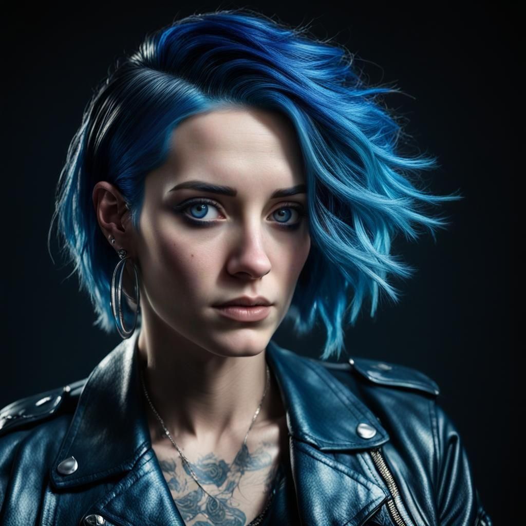 Hyperrealistic Blue-Haired Woman Portrait