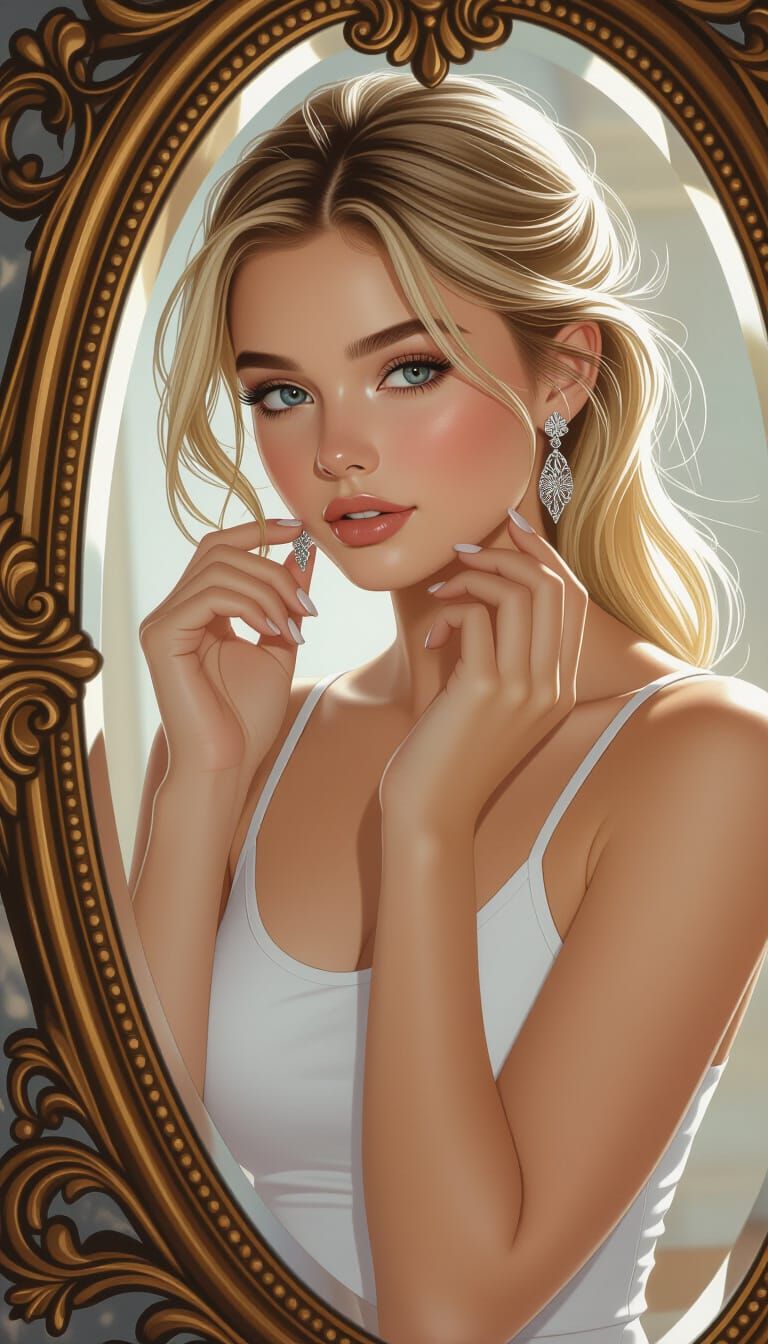 Elegant Woman Adjusting Silver Earrings in Ornate Mirror