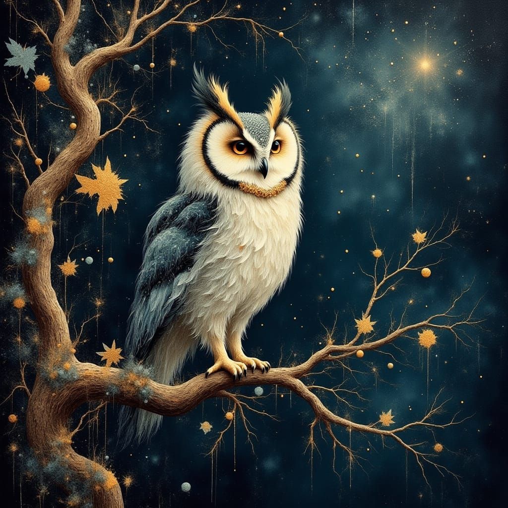 Majestic Owl on Ancient Branch Under Starry Night