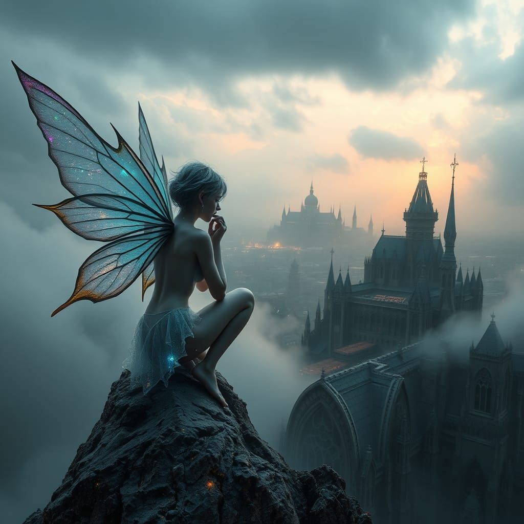 Melancholic Fairy Over Gothic City in Holographic Style