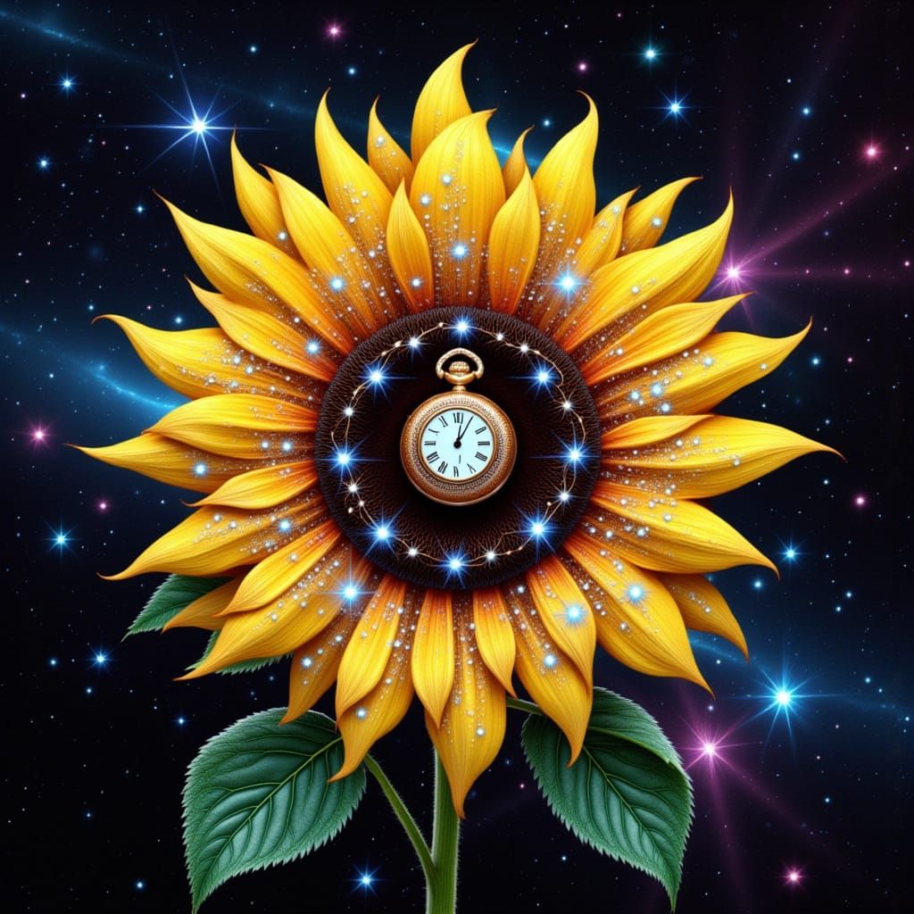 Diamond Sunflower with Cosmic Stardust in Hyperrealism