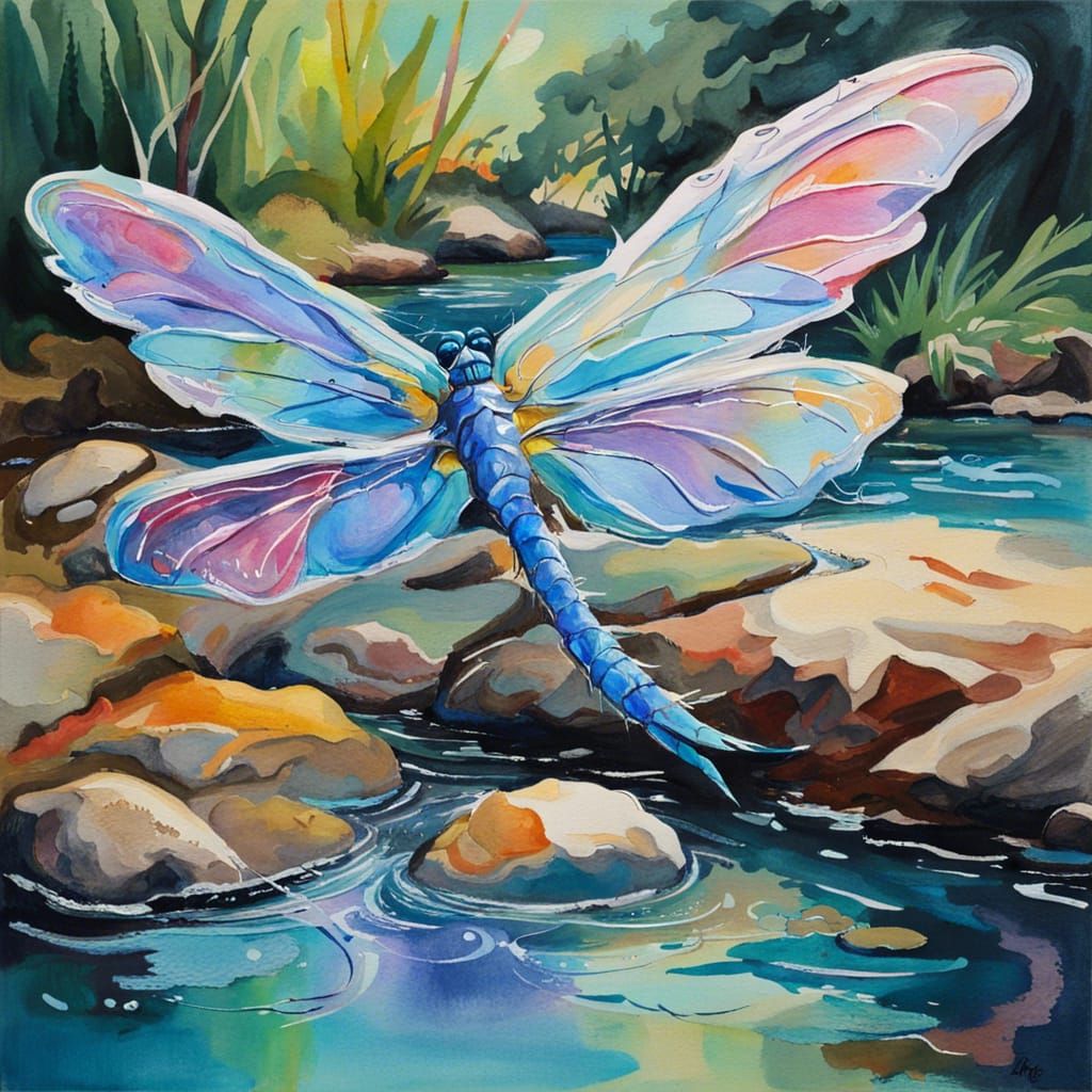 Dragonfly Flight in Impressionist Gouache Style