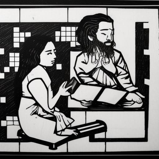 Meditators in Tetris Arcade Machine: Linocut Mondrian Style