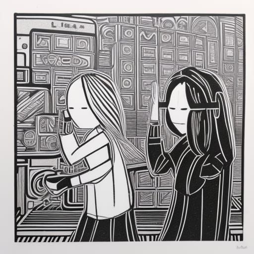Meditators in Tetris Arcade Machine, Linocut Style