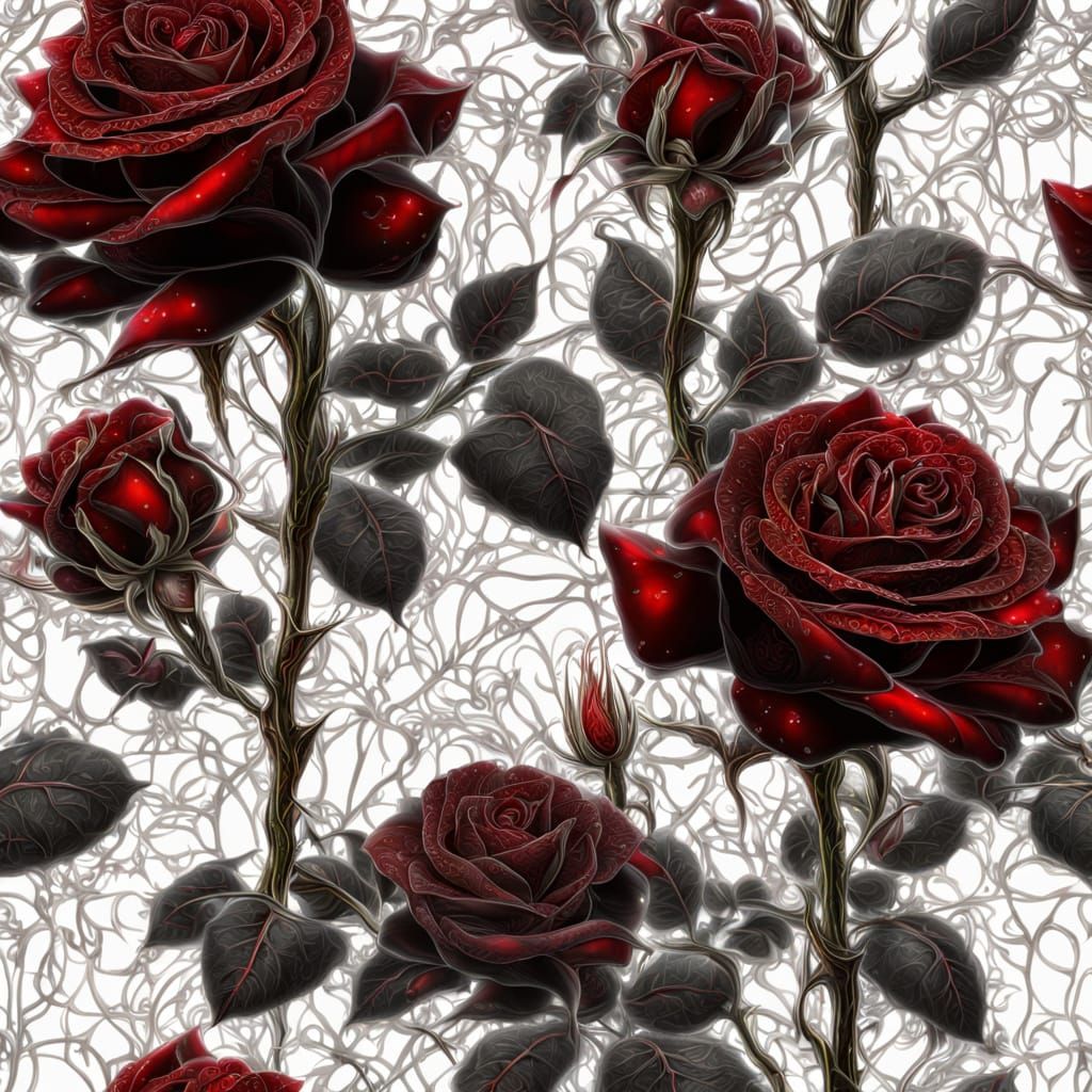 Filigree Red Rose with Thorns in Digital Art