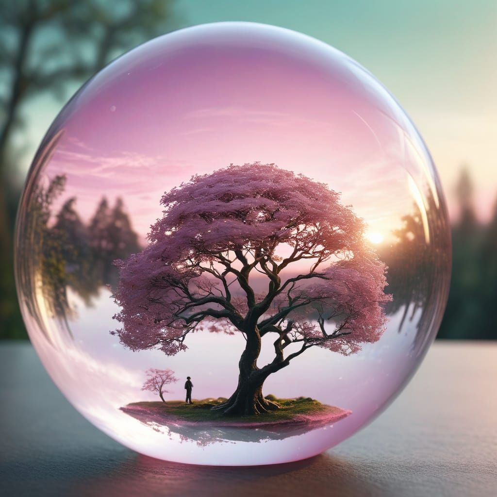 A Man and Tree in a Glass Ball with Soft Pink Horizon