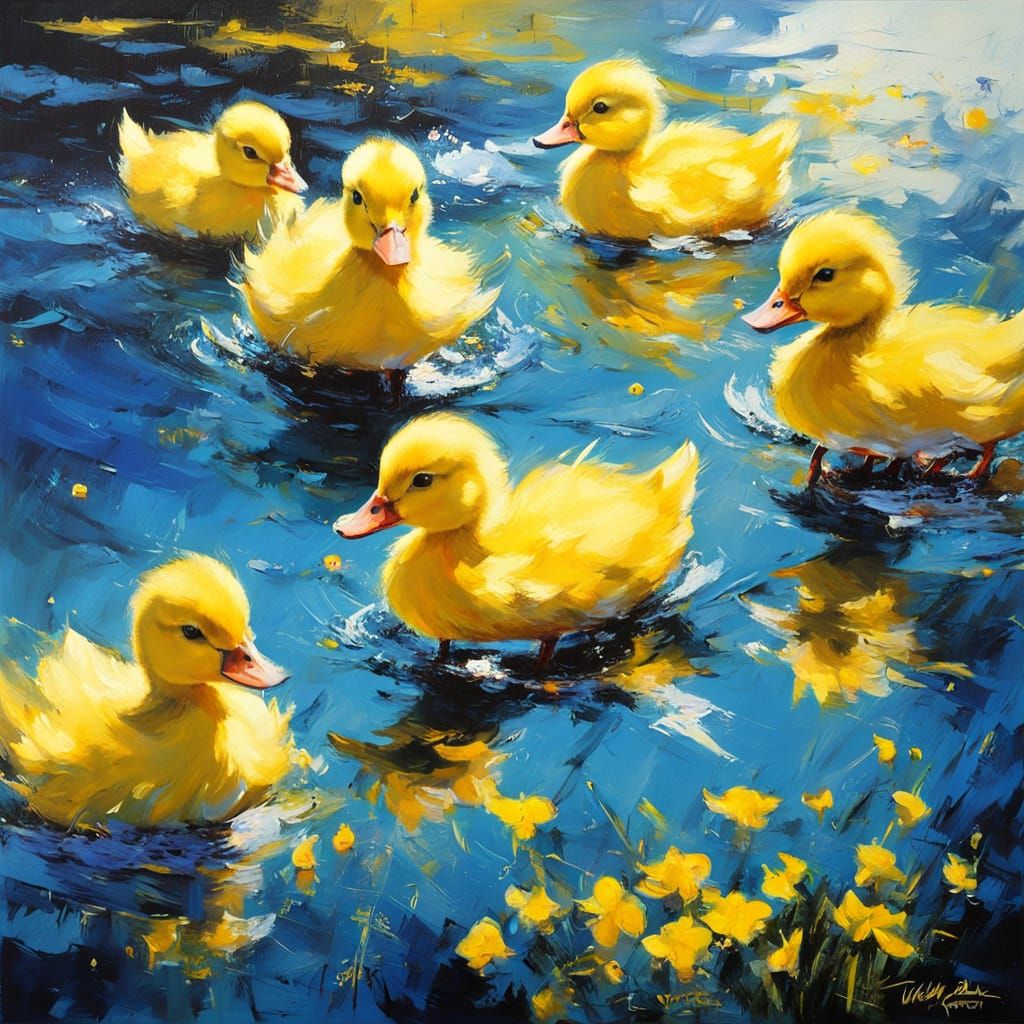 Vibrant Ducklings Swim in Neon Blue Waters