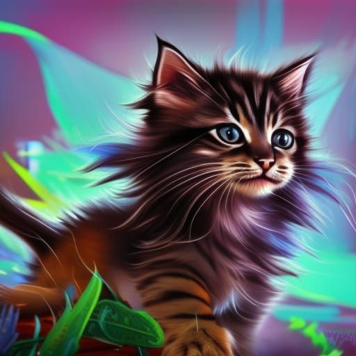 Hyperrealistic Long-Haired Kitten Portrait in Splash Art