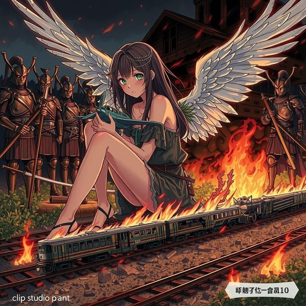 Anime Woman with Wings Amidst Burning Wreckage