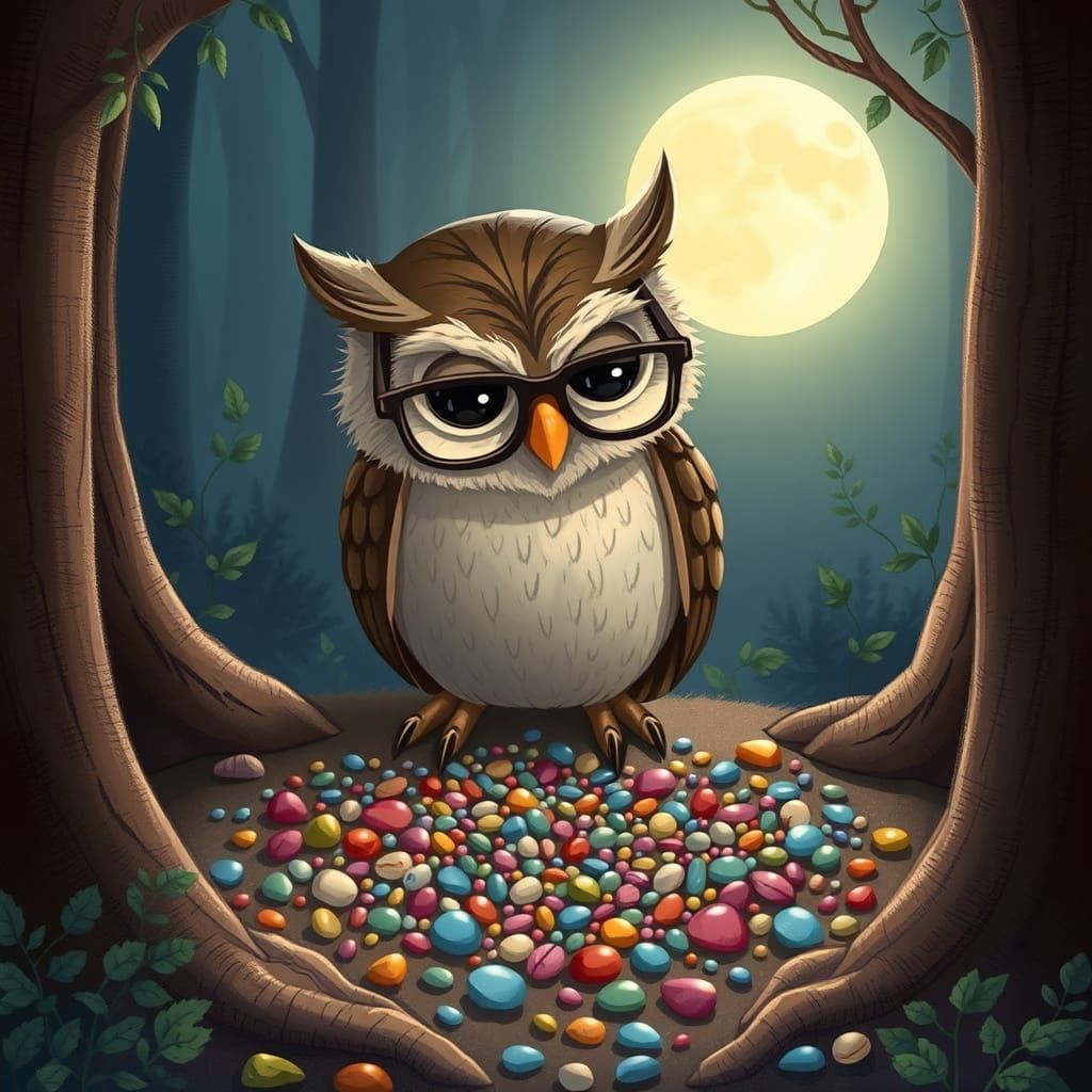 Wise Owl Arranges Pebble Mosaic Under Moonlight