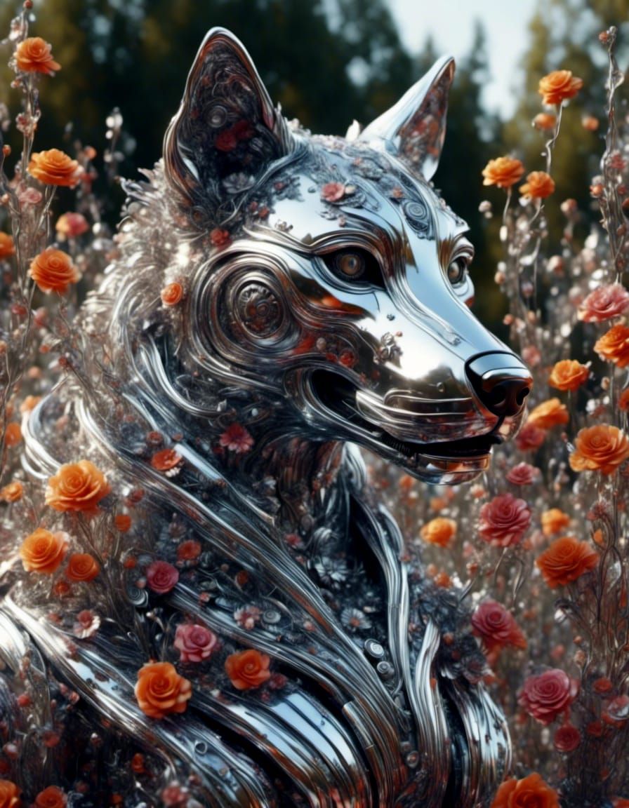 Hyperrealistic Chrome Wolf Robot in Flowers