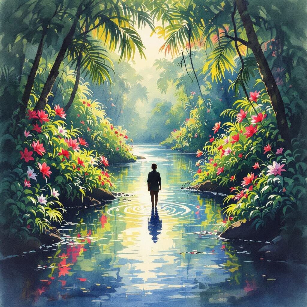 Vibrant Jungle Stream and Blossom Shadow in Watercolor
