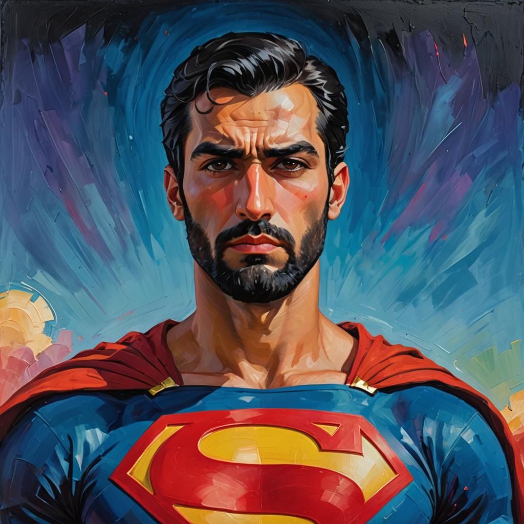 Arab-Iranian Superman Portrait in Neo-Impressionist Oil Pain...
