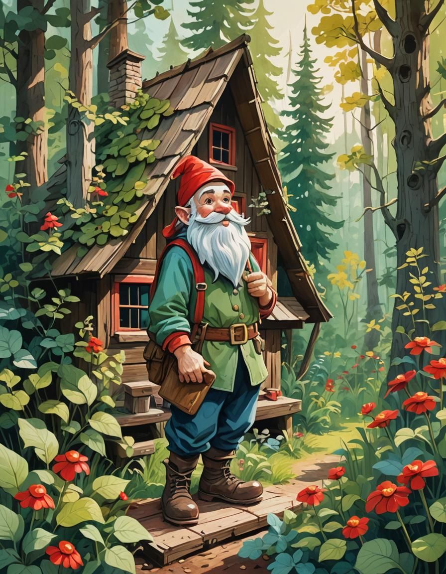 Cartoon Gnome in Forest Cabin Backyard, Gouache Illustration