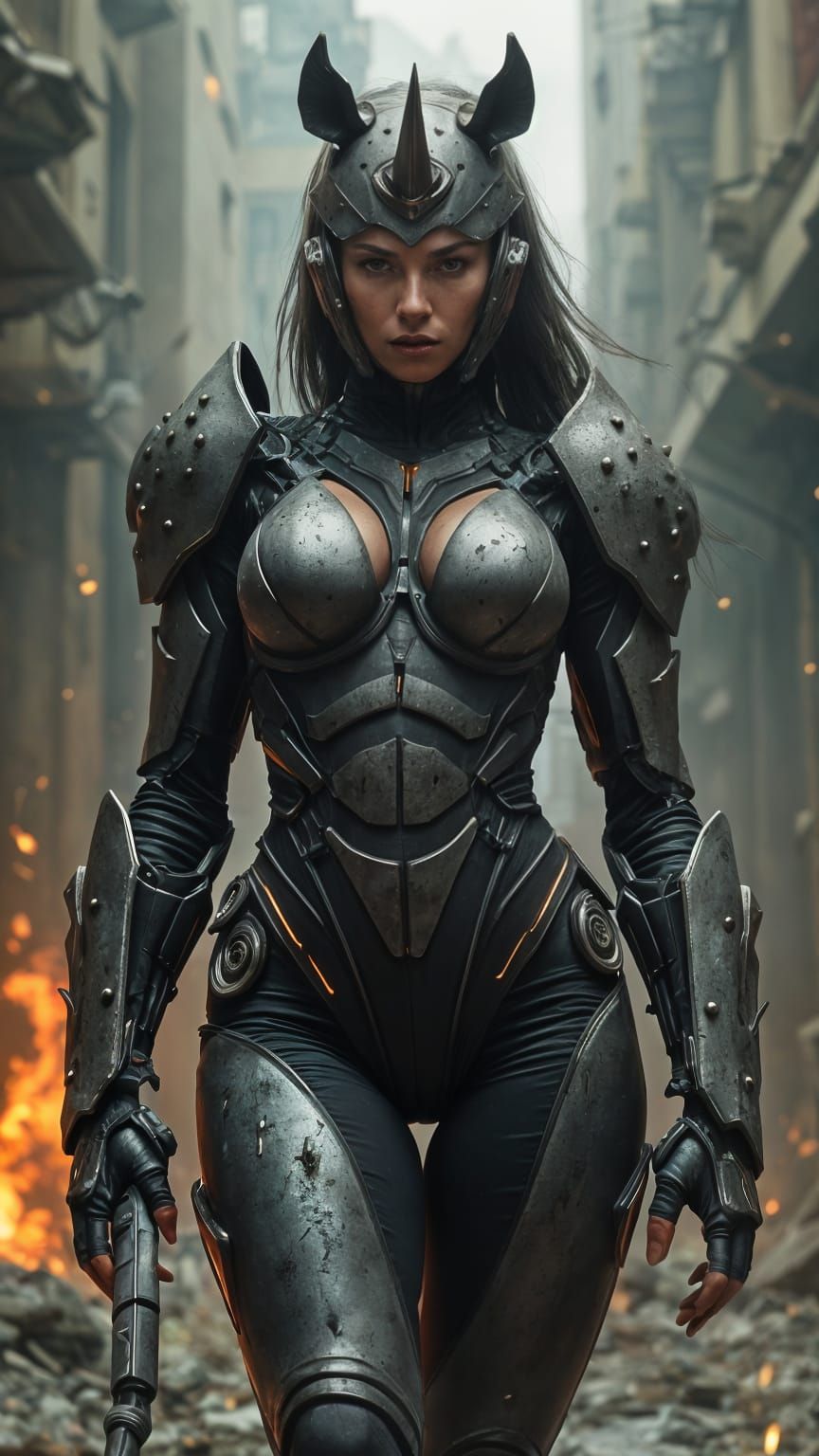 Cyberpunk Rhino Woman: Biomechanical Armor Portrait