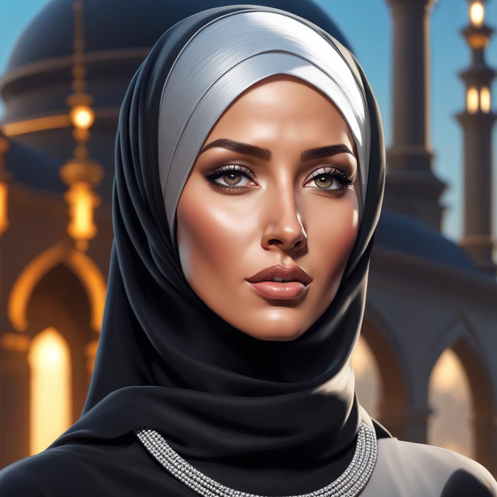 Beautiful Woman in Hijab Portrait, Hyperdetailed Digital Art
