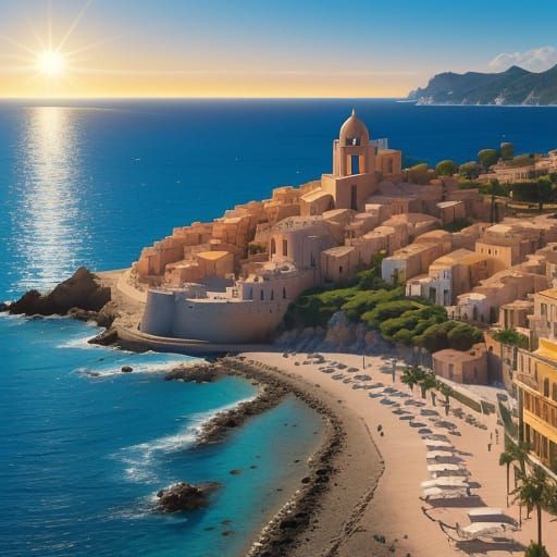 Vivid Mediterranean Coastal Town at Golden Hour