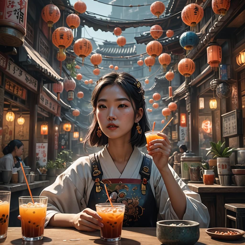Korean Girl Sipping Boba: Detailed Fantasy Art