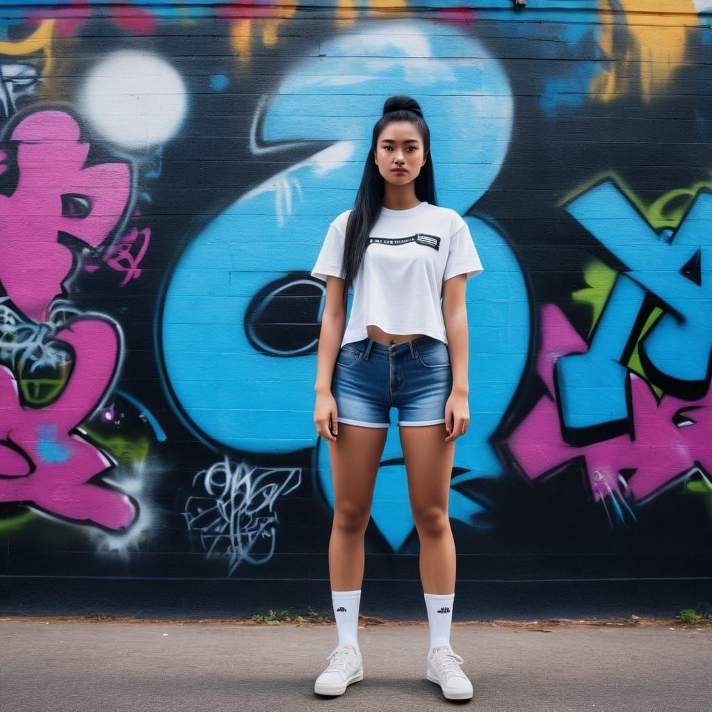Confident Young Woman Amidst Vibrant Street Art