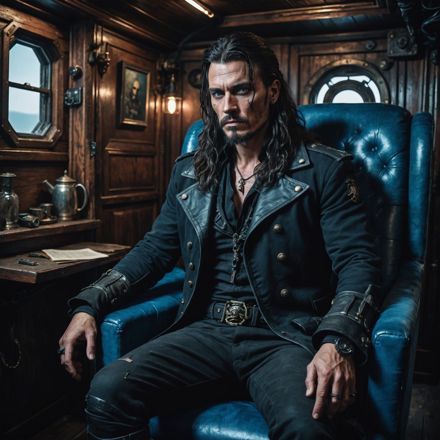 cyberpunk pirate captain sitting on a blue velvet padded cha...