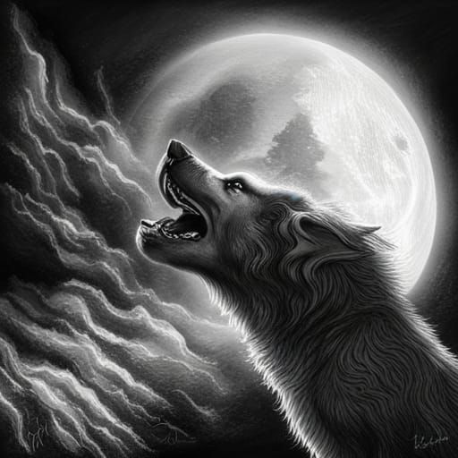Werewolf Howling at Moon: Hyperdetailed Charcoal Drawing