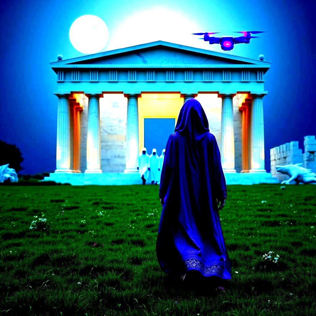 Asian Goddess Amidst Apollo's Temples with Celestial Drones