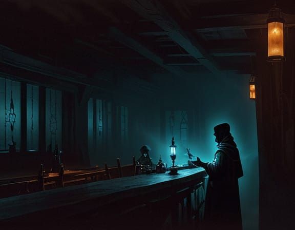 Intense Gaze in a Mystic Tavern Scene