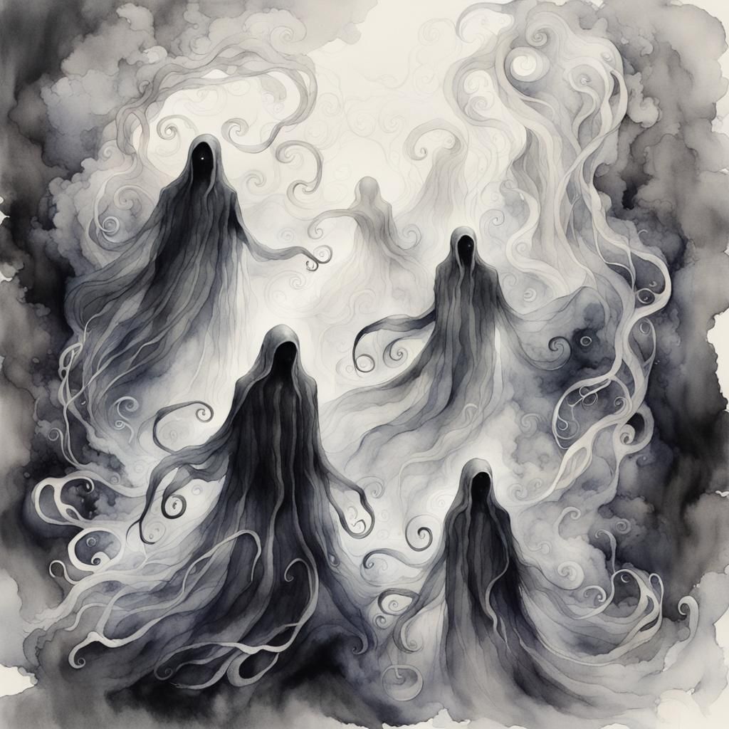 Ethereal Ghostly Figures in Black and White Watercolor