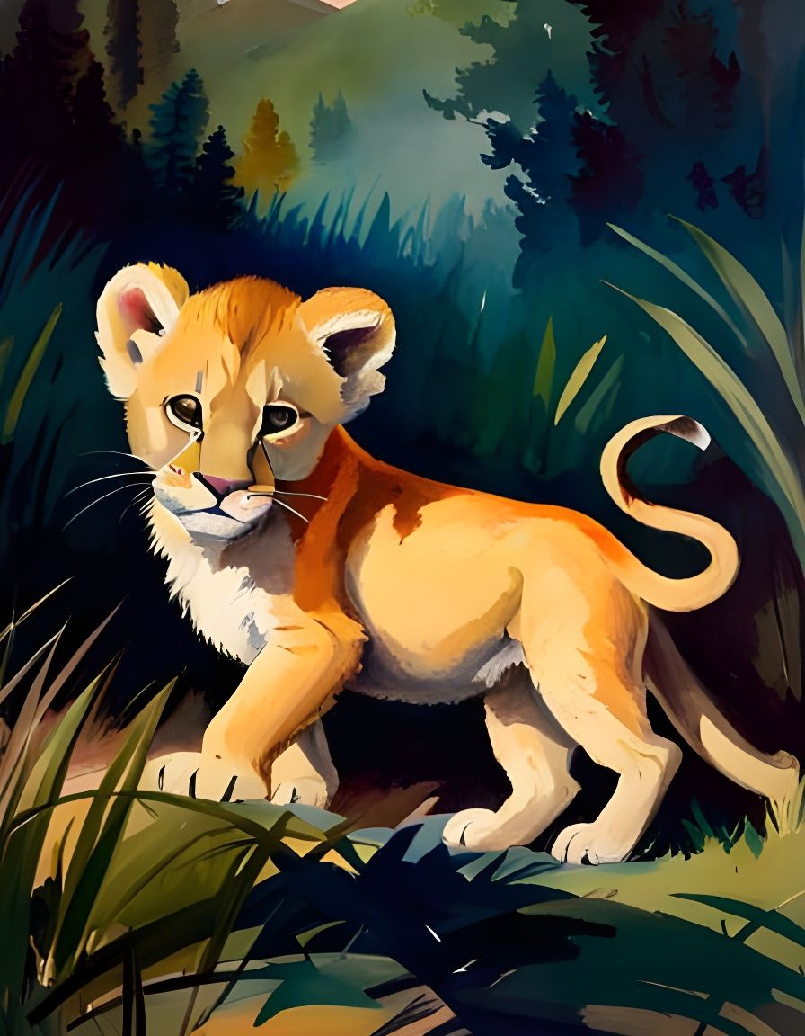 Lion Cubs Playing: An Impressionist Gouache Painting
