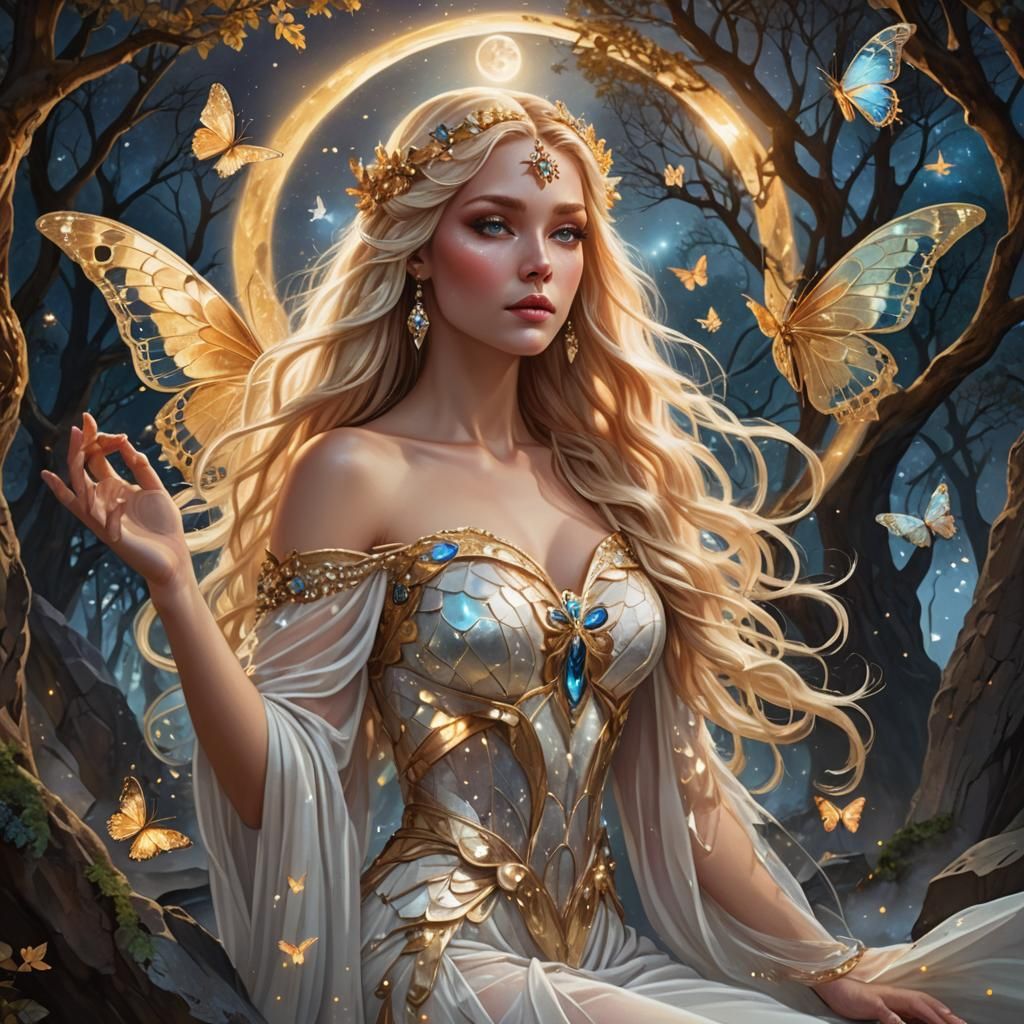 Fantasy Goddess Portrait with Butterfly Wings in Moonlight