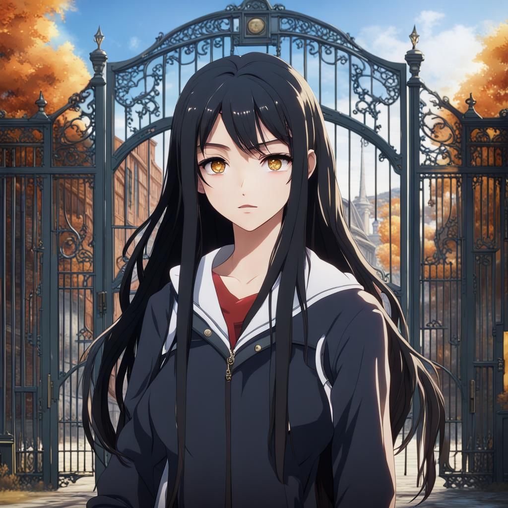 Anime High School Girls at Gate, Detailed Matte Painting