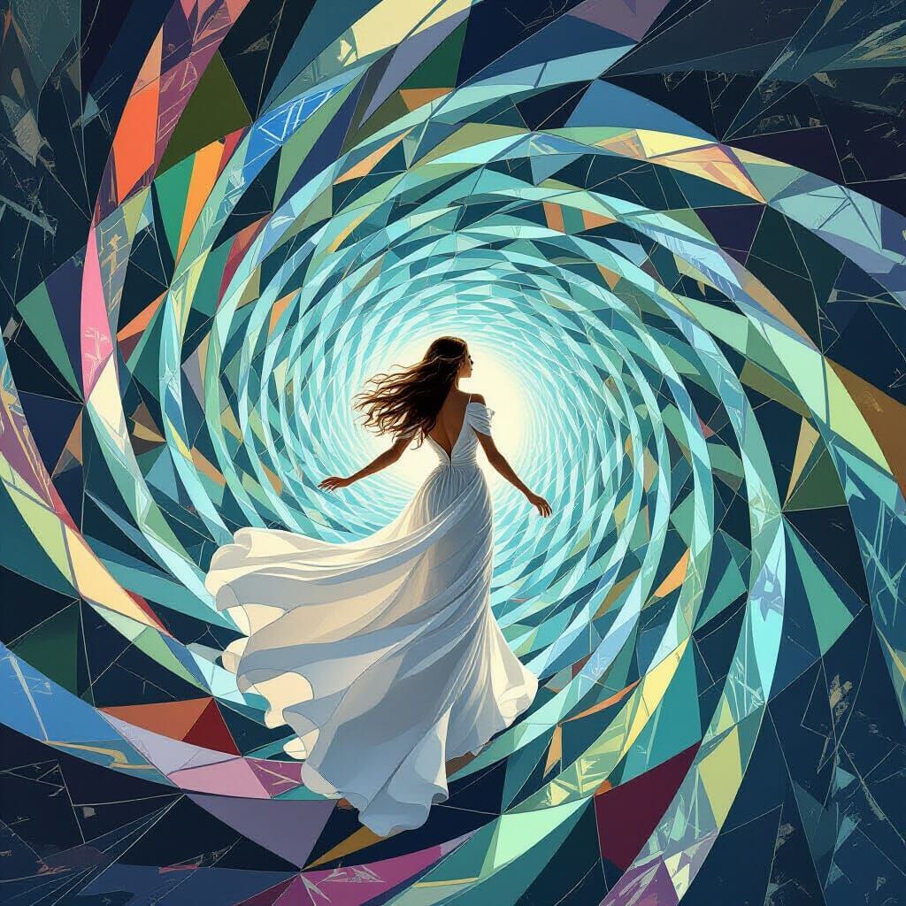 Woman Entering Colorful Vortex in Escher Style