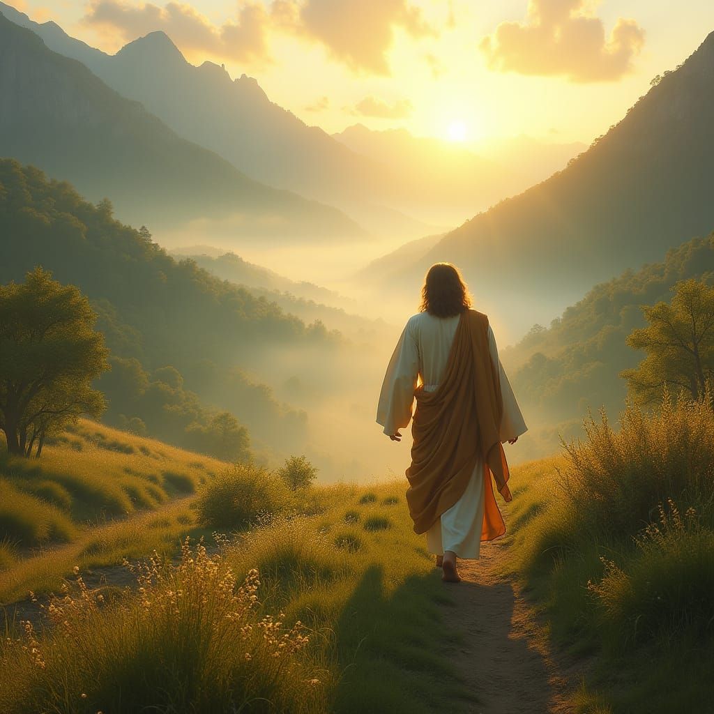 Jesus Walks Through Valley at Sunrise: Realistic Landscape