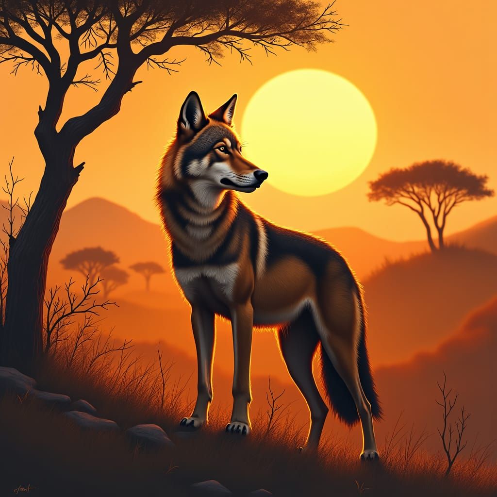 Wolf in Niger Savannah: African Wildlife Art