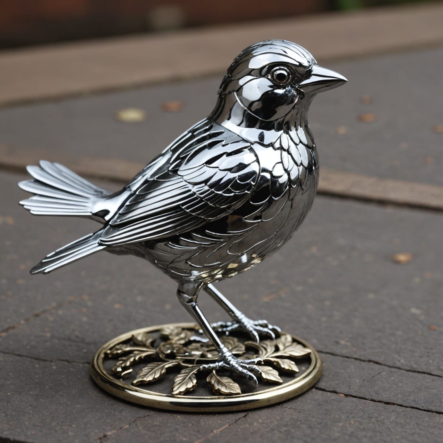 Luxurious Chrome Sparrow in Ornate Metalwork