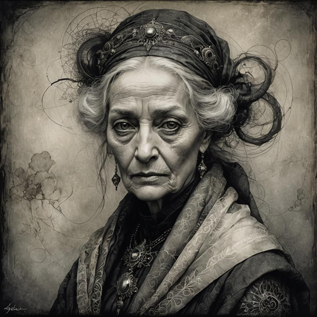 Melancholy Aristocratic Woman in Charcoal and Ink