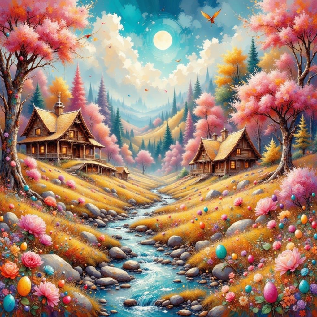 Epic Candy Meadow Village Landscape Painting