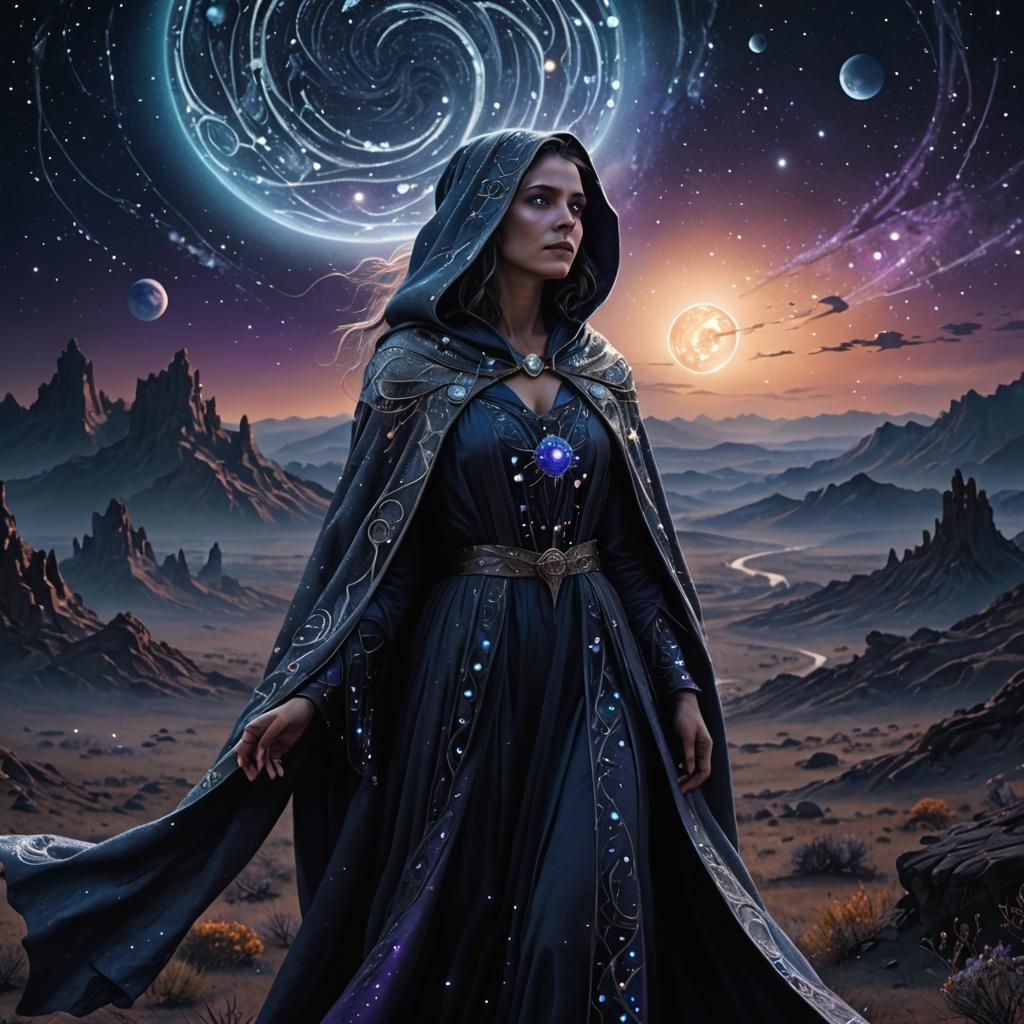 Witch Gazing at Stars on Dark Plain