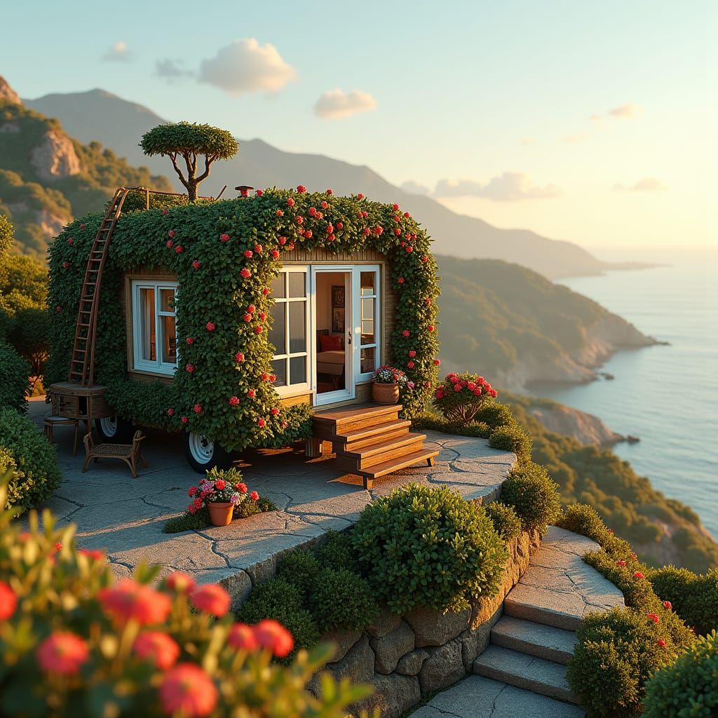 Andalusian Tiny House with Coastal View, Syd Mead Style