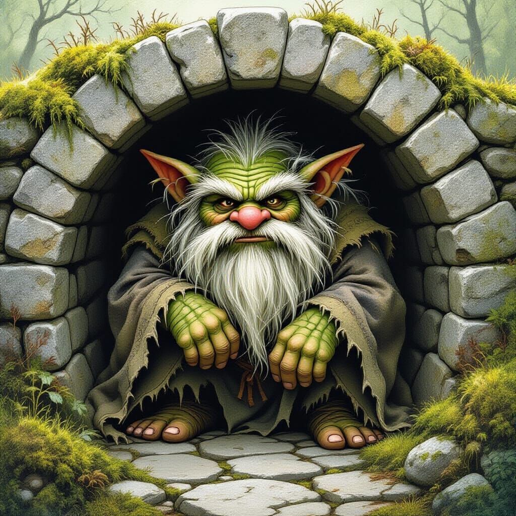 Moss-Covered Troll Hiding Under Stone Bridge