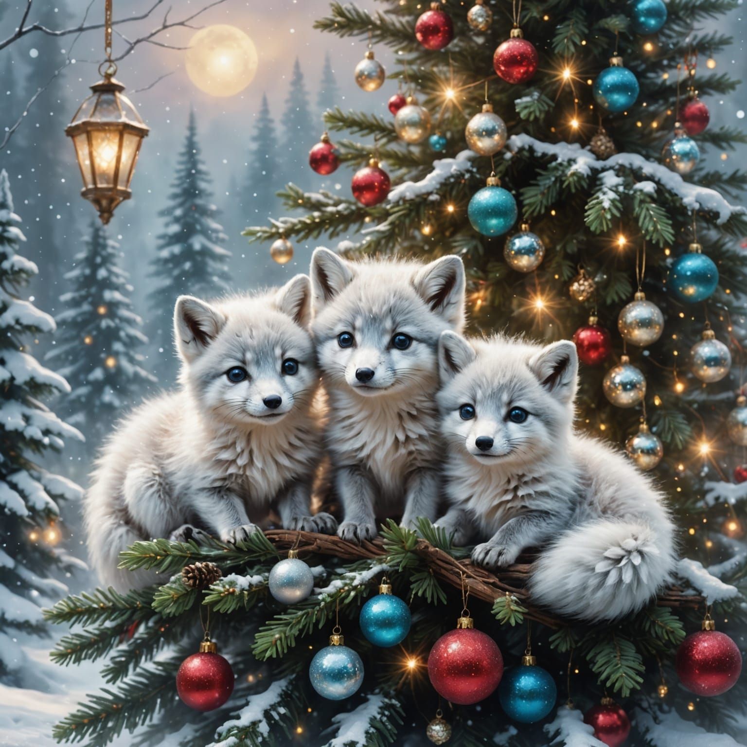 Arctic Foxes Celebrate Christmas in Tipping Tree